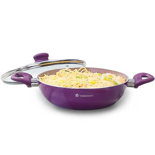 Wonderchef Royal Velvet Non-Stick Kadhai with Glass Lid 24cm for Kitchen, 2.7L Non-toxic Chemical & PFOA Free, Low-oil Cooking, Scratch-resistant, Gas Stove & Induction Friendly, 2-Yr Warranty, Purple
