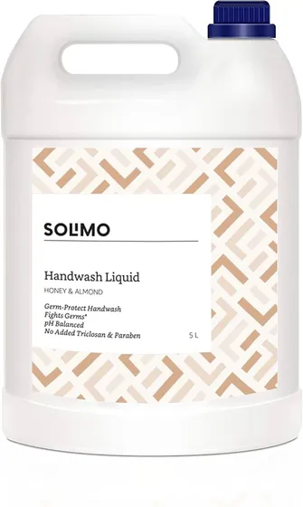 Amazon Brand - Solimo Liquid Handwash, Refill Can | Honey & Almond | 5 Litre | Fights Germs | Ph-Balanced Formula | No Added Triclosan & Parabens