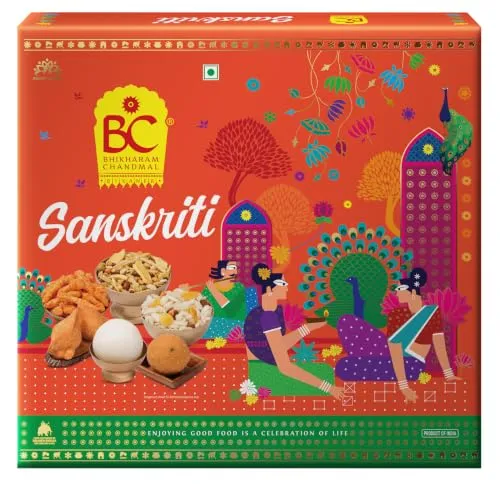 Bhikharam Chandmal - Sanskriti Diwali Gift Hamper - Rasgulla 500 Gm, Besan Laddu 200 Gm, All in one 200 Gm, Bhelpuri Family Pack 240 Gm, Chakachak 70 Gm, Samosa 200 Gm - Ideal For Gift - Pack Of 1