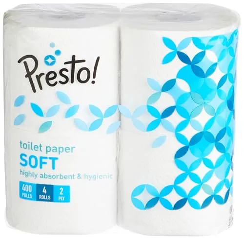 Presto! 2 Ply Toilet Tissue Paper, 100% Natural virgin paper - Pack of 4 (400 Pulls per Roll)