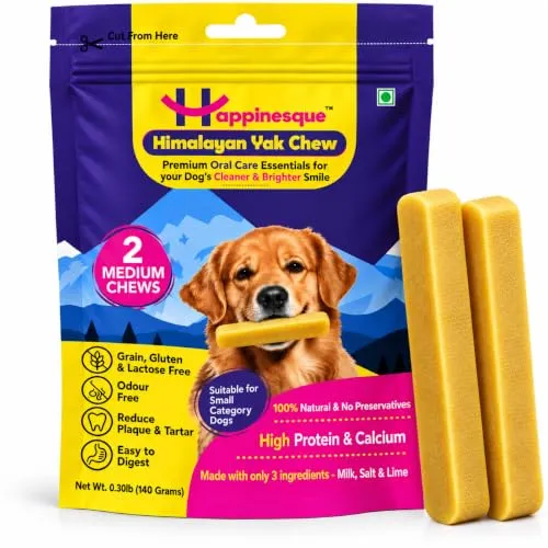 Himalayan Yak Chew Dental Treat for Dog, 2 Medium Sticks, 140 gm, Regular | 100% Natural Ingredients, Authentic Himalayan Recipe, High Protein, Keeps Dogs Chewing for Long, Thick Sticks, Easy to Digest