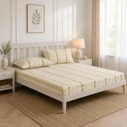Cortina Cloud Cotton King Size Bedsheet with 2 Pillow Covers | Super Soft, Breathable & Skin-Friendly Bedsheet for Double Bed King Size with Boho Design | 270x250 cm (Off White, King)