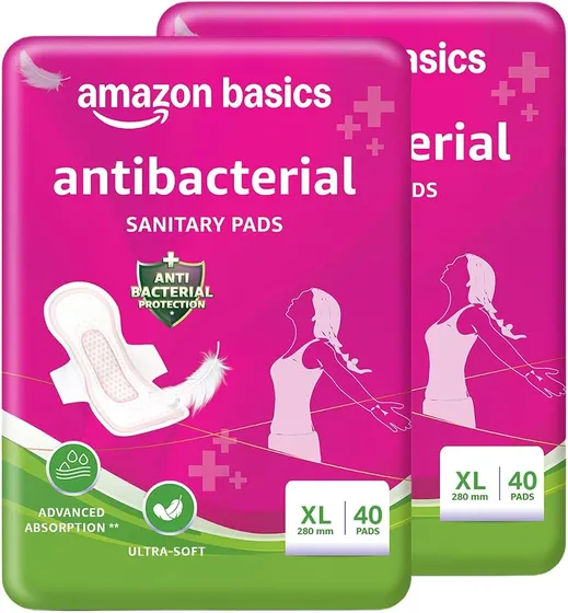 Amazon Basics Anti-Bacterial Sanitary Pads for Women XL | 280 mm Extra Coverage | Ultra-Absorbent Core | Soft & Comfortable Surface | Wings for Secure Fit | Medium to Heavy Flow Protection| 80 Count (40 X Pack of 2)
