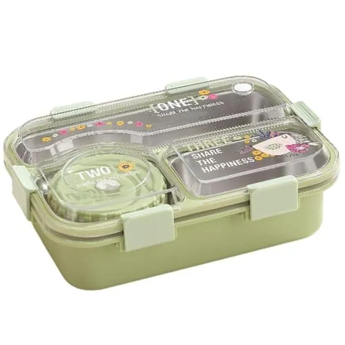 ATTRO Jupiter Lunch Box with 3 Inner Steel Compartment, 1 Small Container, 1 Spoon & Chopstick Air-Tight Leakproof Heat Water Insulation Design- 700ml+70ml Green
