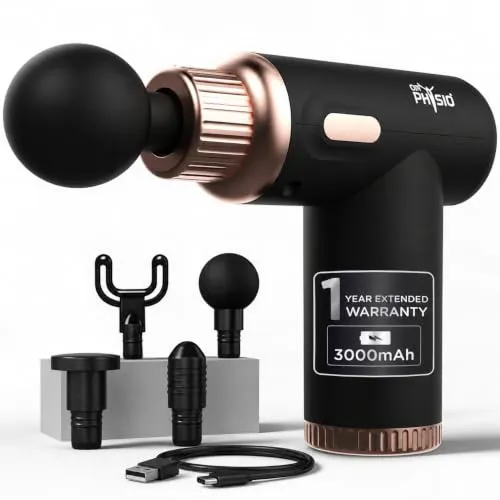 Dr Physio USA Dynamo Rechargeable Percussion Massage Gun | 3000mAh Battery | 6 Speed Levels | 4 Removable Heads Electric Full Body Gun Massager, Pain Relief Cordless Deep Tissue Massage Machine - 1034