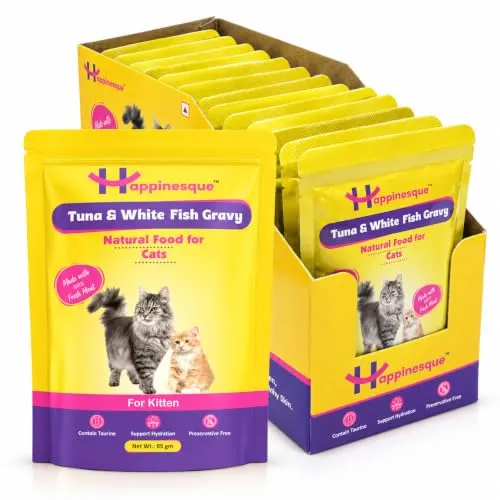 Happinesque Cat Wet Food for Kitten, Tuna & White Fish in Gravy, 85 g, Pack of 15