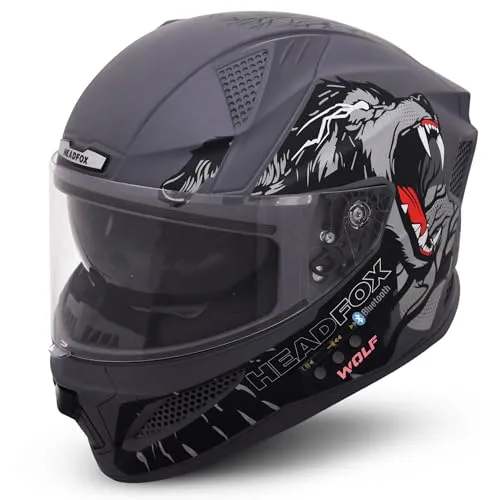 HEADFOX N2F Wolf Full Face Bluetooth Helmet for Bike | Waterproof Smart Helmet for Man & Women | ISI Certified | Built-in Bluetooth | Matte Grey Medium (58 CM)