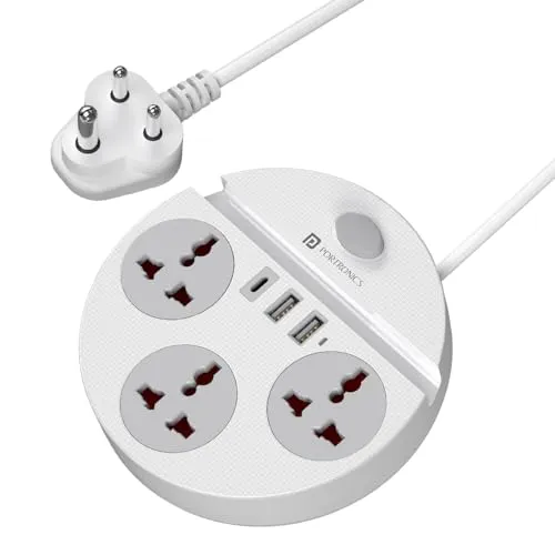 Portronics Power Plate 5 Pro, 6-in-1 Power Extension Board with 3 Universal Sockets, 2 USB-A & 1 Type-C Port, 1500W Output, Built-in Mobile Holder, 2M Long Cord, Overload & Surge Protection