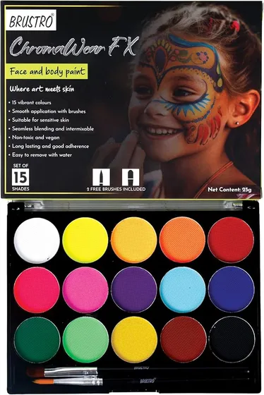 Brustro ChromaWear FX Face & Body Paint| 25g,Set of 15 Vibrant Shades|Includes 2 Free Brushes,Skin-Safe,Non-Toxic,Vegan|Face Art,Cosplay,Festivals and Stage Play for Adult and Kids