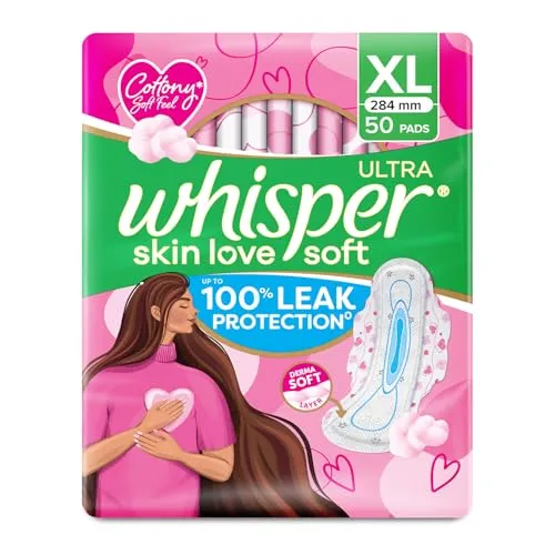 Whisper Ultra Skin Love Soft Sanitary Pads for Women, XL 50 Pads, Cottony Soft Feel, Upto 100% Leak* Protection, Disposable Wrapper, Locks Odour & Wetness (Product Does Not Contain Cotton) (*Based on P&G Technical Data)