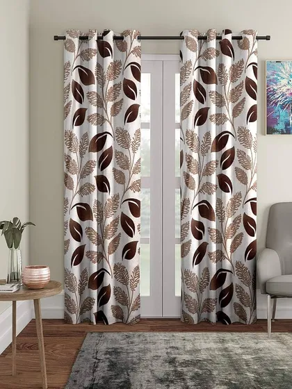 Cortina 2 Piece Floral Design Panel Eyelet Polyester Curtains (Brown, 7FEET)
