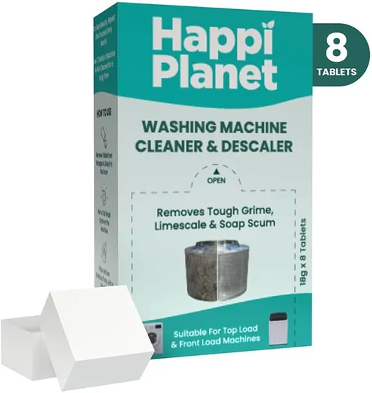 Happi Planet | Washing Machine Cleaner & Descaler Tablets | 8 Tablets | Removes Tough Grime, Limescale & Soap Scum | Used for Top & Front Load | Protects Clothes from Residue
