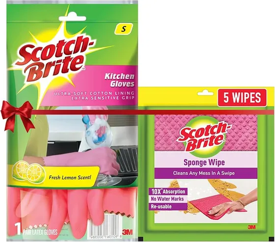Scotch-Brite Combo Rubber Kitchen Gloves (Small) + Scotch-Brite Sponge Wipe Resusable Kitchen Cleaning Foam Cellulose Wood Sponge