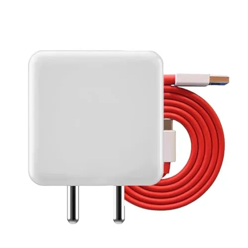 DiHines 65W Fast Charger with USB-A to Type-C Cable, Compatible with OnePlus, Oppo & Realme, Supports SUPERVOOC, VOOC, Warp, Dash & Dart, White Adapter with Red Cable