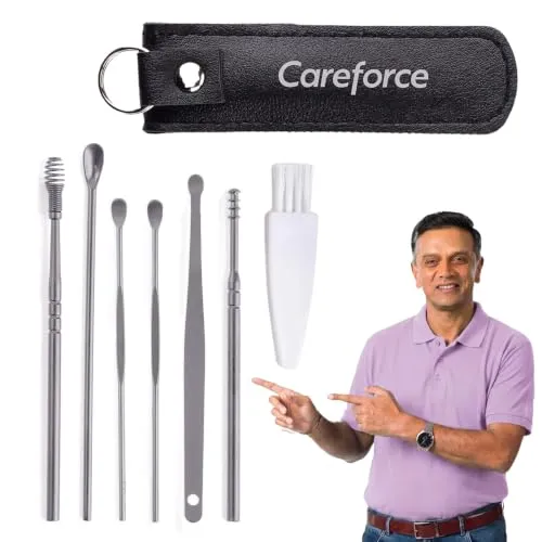 Careforce Ear Wax Cleaner - Resuable Ear Cleaner Tool Set with Storage Pack - Ear Wax Remover Tool Kit with Ear Curette Cleaner and Spring Ear Buds Cleaner 6 Pcs Set Silver