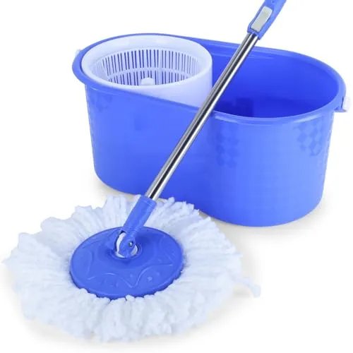 Gala Aqua Spin Mop with Bucket & 2 Microfiber Refills | Hands-Free Floor Cleaning Mop with 4 Wheels, Big Bucket, Easy Wring System & Adjustable Stainless Steel Handle (White & Blue)