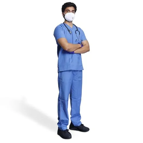 Medical Scrub Suit For Men - Sky Blue (Small) | Poly Viscose Fabric | Ultimate Comfort and Breathability | Elasticated Waist | Multiple Pockets | V-Neck