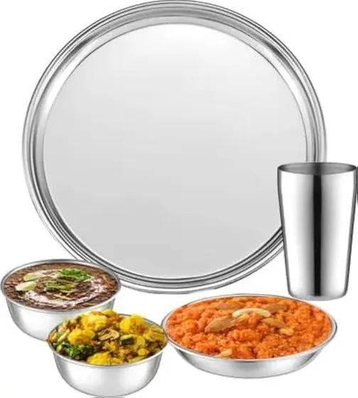 Jensons Stainless Steel Dinner Set 5 Pcs | 1 Dinner Plate, 3 Bowls & 1 Tumbler | Premium Thali Set