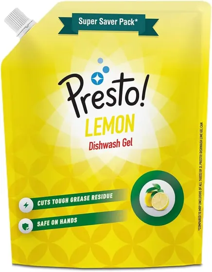 Amazon Brand - Presto! Dishwash Gel Refill Pouch | Lemon | 2 Litre