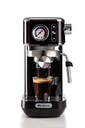 Ariete 1381/12 Coffee machine with pressure gauge, compatible with ground coffee and ESE pods, 1300 W, 1.1 L capacity, 15 bar pressure, ½ cup filter, Cappuccino device, Black