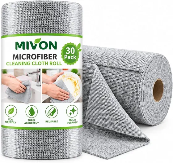 Microfiber Cleaning Cloth Roll, Reusable Kitchen Towel Roll, Micro Fiber Cleaning Cloth for Kitchen, Car, Home & Daily Surface Cleaning, Easy-to-Use Roll Format, Pink (Grey Cloth_30 Pcs)