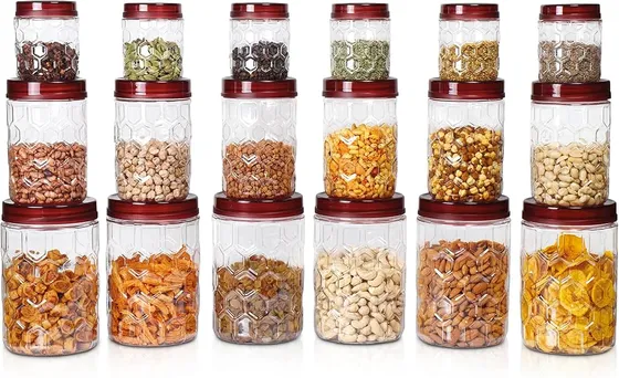 Milton Hexa Airtight Containers for Kitchen Storage Food Grade Plastic, Stackable & Transparent Organizer Jars, Masala Dabba, Set Of 18 (6 x 270ml, 6 x 665ml, 6 x 1.24L) Tea, Coffee, Sugar, Dry Fruits
