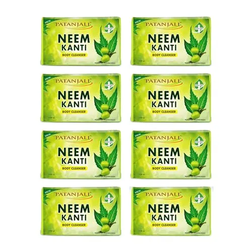 Patanjali Neem Kanti Herbal Body Cleanser Soap for Men and Women (150g, Pack of 8), Moisturizing & Deep Cleansing, Natural Neem Soap for Dry Skin