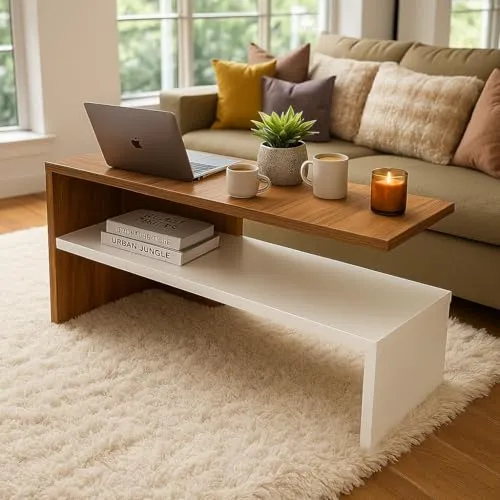 MATTERHORN Concord Engineered Wood Coffee Table for Living Room with Storage Shelf & Drawer, Metal Legs, Tea Table |Wooden Sofa Table 900 x 450 x 415 mm (Beige and White)