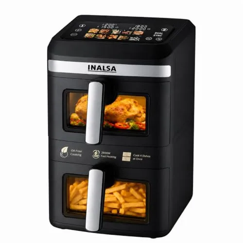INALSA Double Basket Air Fryer 2800W & 14 L (7L+7L) Large Capacity |Non Toxic,BPA Free|PFOA Food Safety Certified|Cook 2 Full Meals Together|Flip Digital Screen|NutriFry DuoSlim
