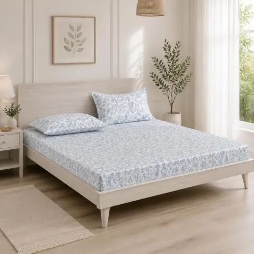 Cortina Cloud Cotton King Size Bedsheet with 2 Pillow Covers | Super Soft, Breathable & Skin-Friendly Bedsheet for Double Bed King Size with Boho Design | 270x250 cm (White & Blue, King)