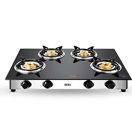 Greenchef NEXA 4 Burner Glass top Gas stove, ISI certified (4 Burner) Manual, Black