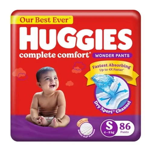 Huggies Complete Comfort Wonder Pants | Pant Style Baby Diapers Small Size (S), 86 Count | India's Fastest Absorbing Diaper, Prevents Diaper Rash, Ideal for 4 to 8 Kgs