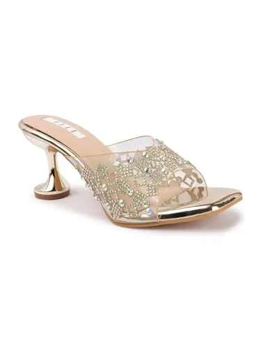 ELLE women's Square Toe Spool heel Embellished Strap Slip-On Sandal