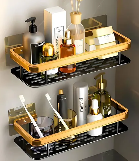 Perpetual Self - Adhesive Bathroom Shelf For Wall, Multipurpose Wall Mounted Bathroom and Kitchen Organiser Without Drill, Space Saving Stand For Bathroom And Kitchen Wall (Pack Of 2) Gold