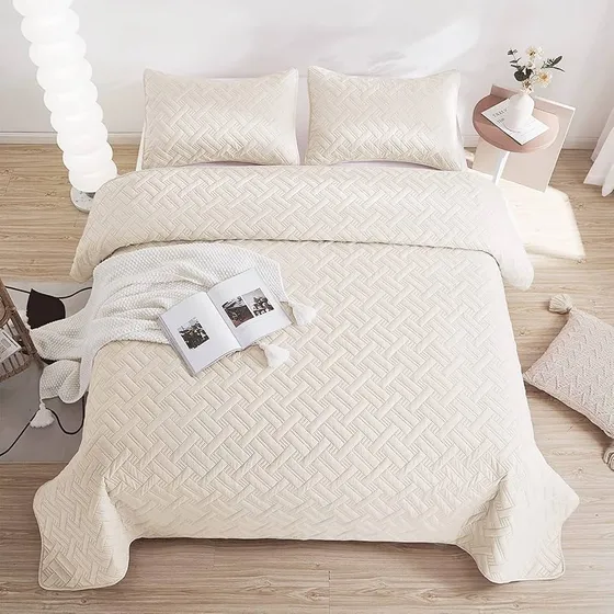 VAS COLLECTIONS® All Weather 3 Pcs 100% Cotton Ultrasonic 280 Tc Solid King Size Quilted Bed Cover/Bedsheet with 2 Pillow Case, (Luxurious,Off-White, 90X100 Inches, 254X228 cm)