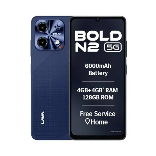 Lava Bold N2 5G (Billionaire Blue, 4GB RAM, 128GB Storage) | 6000 mAh Super Battery | Octacore Ultrafast Processor | Biggest 6.75 (HD+) 120Hz Display | IP64 Dust-Water Resistant | Free Service @ Home