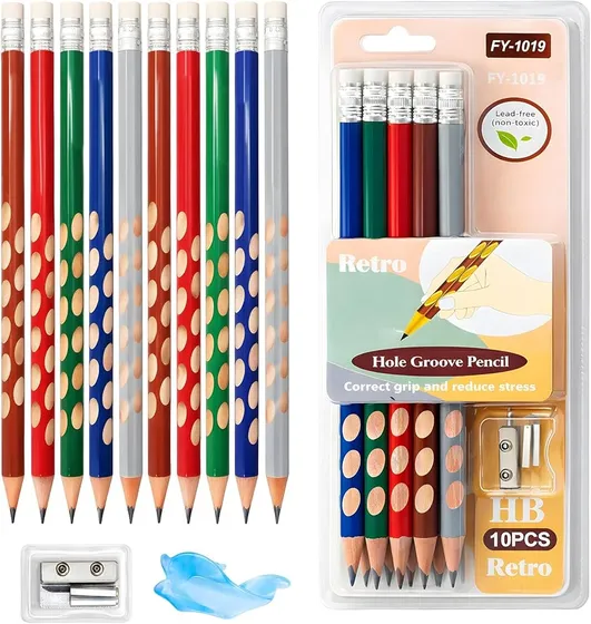 Toyshine HB Pencil Set with Erasers on Top | Pack of 10 Round Hole Groove Grip Pencils with Sharpener & Pencil Cap | Comfortable Writing School Stationery for Kids & Students