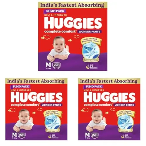 Huggies Complete Comfort Wonder Pants | Pant Style Baby Diapers Medium Size (M), 228 Count | India's Fastest Absorbing Diaper, Prevents Diaper Rash, Ideal for 7 to 12 Kgs (76 Count, Pack of 9)