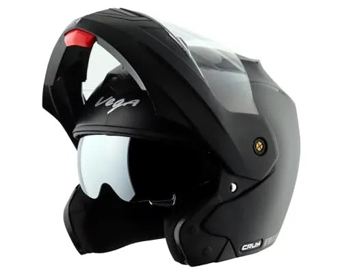 Vega Crux Dual Visor Flip Up Riding Helmet with Flip-Up Design, Dual Visor Protection, Comfortable Liner, Ventilated Interior, Shock Absorbing Padding, and Modern Black Styling Black -M