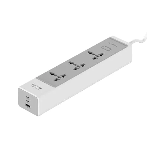 Stuffcool Chargestrip 20W Extension Board with Surge Protector, 3 Universal AC Sockets and 20W Type-C PD, 18W USB-A Fast Charging, Charges iPhones & Pixels up to 50% in 30 Mins, Ma