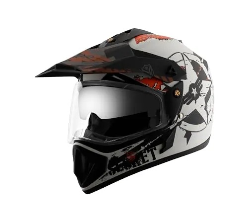 Vega Off Road Secret ISI Certified Matte Finish Full Face Helmet for Men with Dual Visor and Stylish Peak-Dull White Black, Size: M