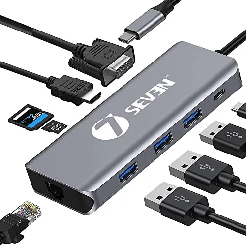 7SEVEN® USB C Hub 9-in-1 Multiport Adapter with 4K HDMI, Gigabit Ethernet, 100W PD, USB-C Data Port, 3× USB 3.0, SD & TF Card Slots, Compatible with MacBook Pro/Air, Laptops & Type-C Devices