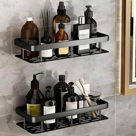 NARIYA Self Adhesive Bathroom Shelf for Wall Shelf Organizer Wall Mounted Aluminum Bathroom Shelves Rack Holder Stand for Bathroom Accessories Organiser Without Drill (Pack of 2)
