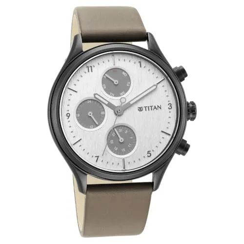 Titan Neo Quartz Multifunction Silver Dial Grey Leather Strap Watch for Men - NS1803NL02