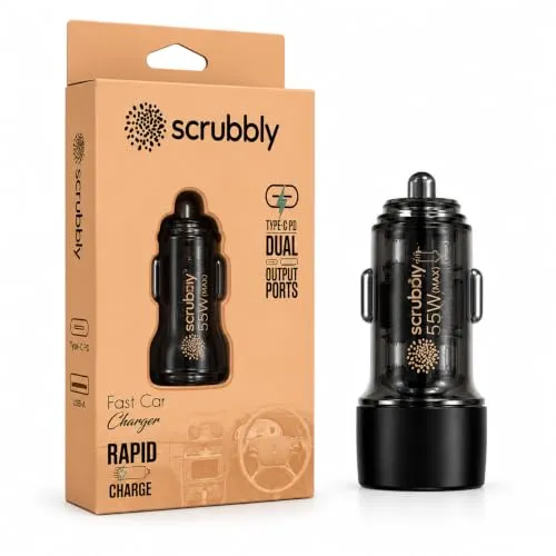 Scrubbly Car Power View Plus 55W Transparent Car Charger, Dual Port Fast Car Charger with 33W Type-C PD & 22.5W USB-A, Charge 2 Devices Simultaneously, for Smartphones, iPhones, Tablets, Earbuds