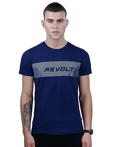 Revolt Streetwear SINDICATE Men Revolt Men's Soft & Comfortable Round Neck T-Shirt - Gradation Print, Logo Branding (Midnight Navy, M)