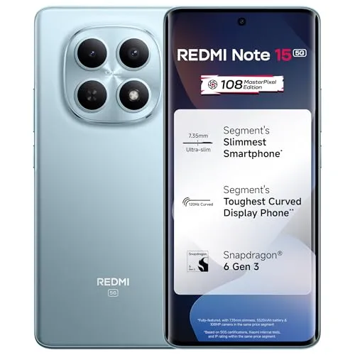 REDMI Note 15 5G (Glacier Blue, 8GB RAM 128GB Storage) | 108MP OIS Camera | Snapdragon 6 Gen 3 | 17.2cm Tough Curved AMOLED Screen | Segment's Slimmest Phone | 5520mAh Si/C Battery | 45W Fast Charging