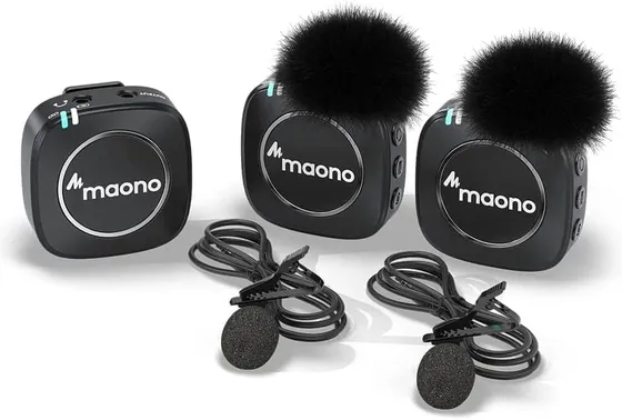 MAONO Compact Wireless Lavalier Microphone, 2.4GHz Dual Lapel Mics with Real-time Monitoring, Gain Adjustment and Mute for Interview, Vlogging, Live Streaming, Phone, Camera (WM820 A2)