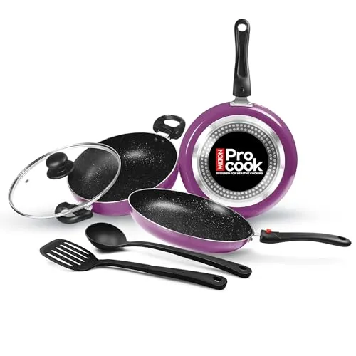 Milton Pro Cook Induction Cookware & Gas Stove Friendly Kitchen Jewel Set | 5 Pc Non-Stick Cookware Set | Kadhai with Lid, Fry Pan, Tawa, Laddle & Spatula | 5-Layer Non Stick Coating | Dark Purple