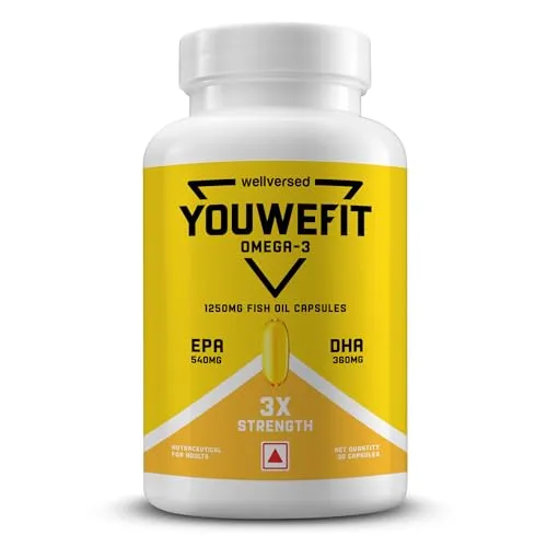 YouWeFit Triple Strength Omega 3 Fish Oil Capsules - 30 Soft Gels With 540mg EPA & 360mg DHA To Support Heart & Joint Health | Omega 3 Supplement 1250mg